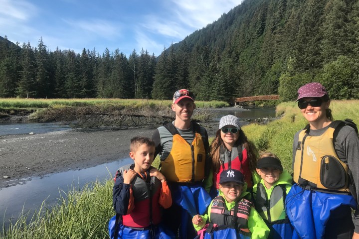 Family in paddling gear on a private family half day kayak tour in Resurrection Bay